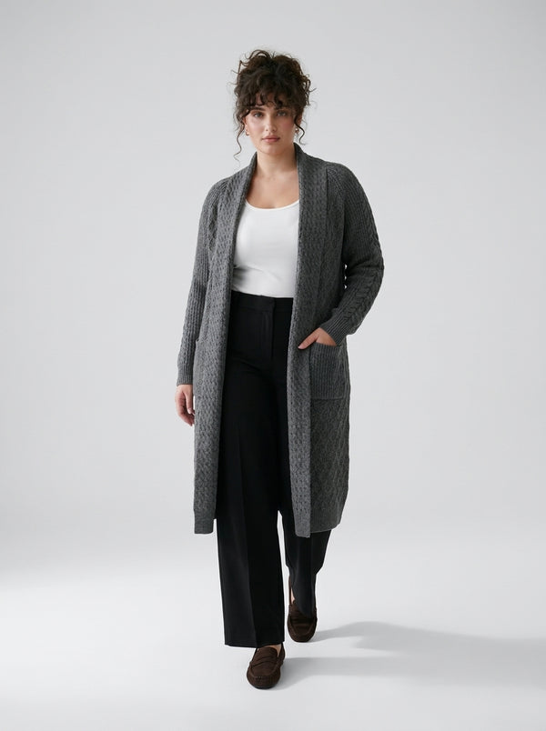 Plus Size Women's Green Shawl Collar Pockets Long Cable Knit Cardigan