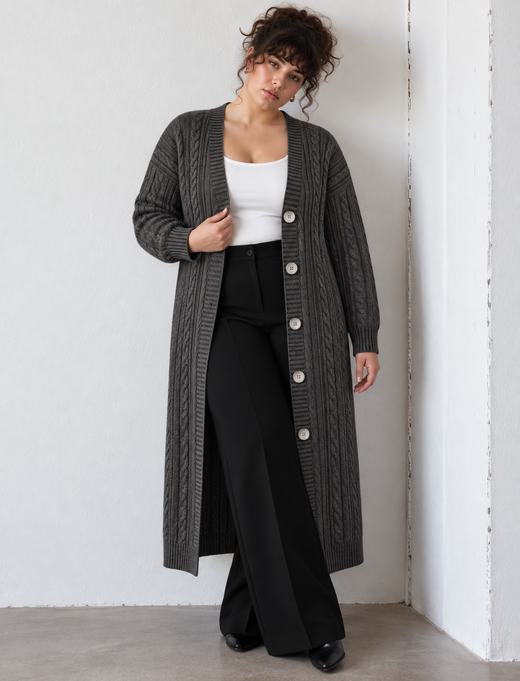 Plus Size Women's Long Buttoned Cable-Knit Cardigan