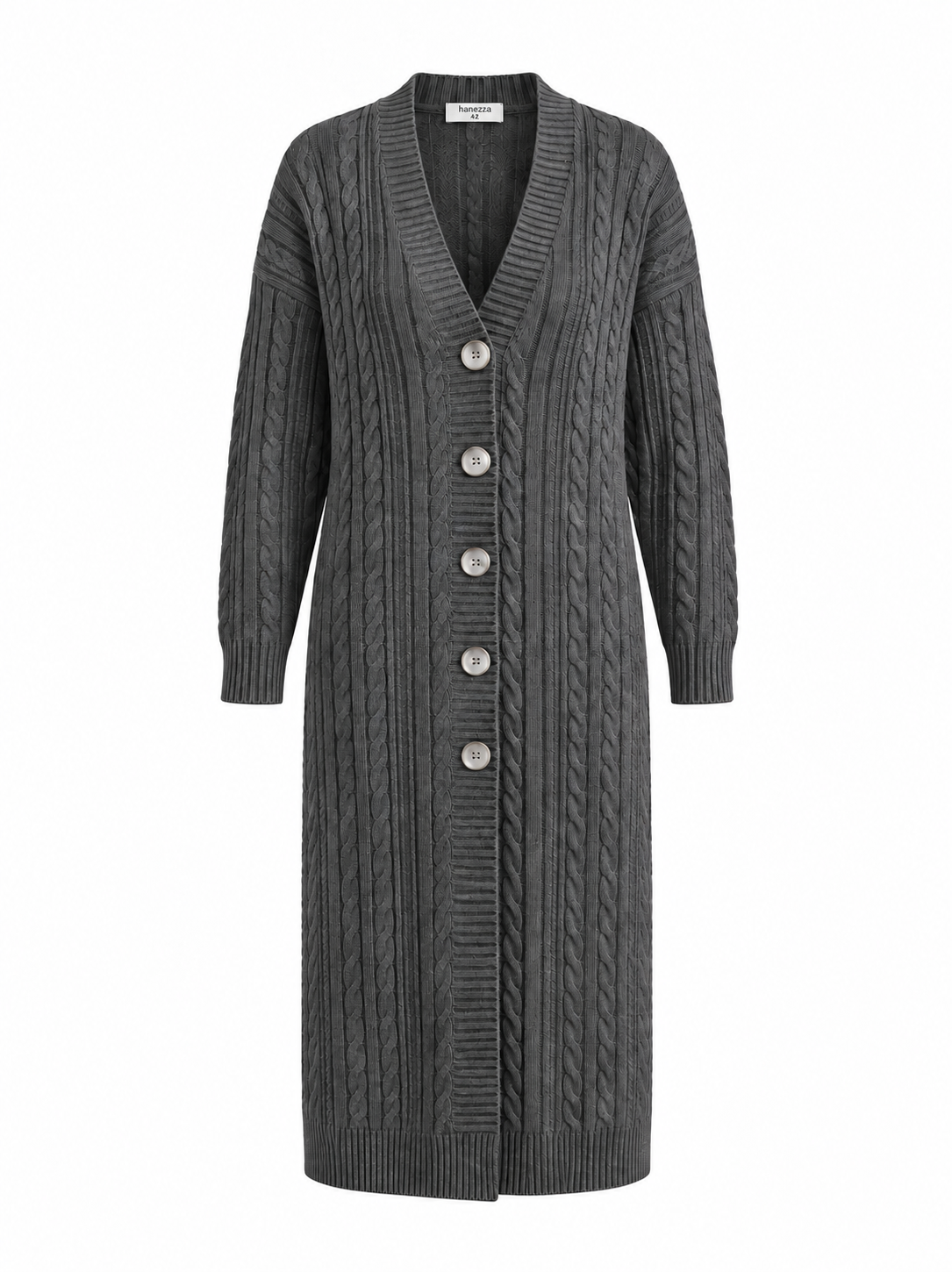 Produktfoto: Lange Damenstrickjacke mit Zopfmuster und Knöpfen, große Größen