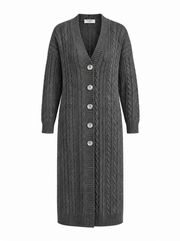 Produktfoto: Lange Damenstrickjacke mit Zopfmuster und Knöpfen, große Größen