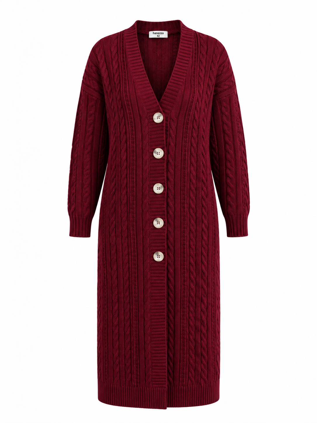 Produktfoto: Lange Damenstrickjacke mit Zopfmuster und Knöpfen, große Größen