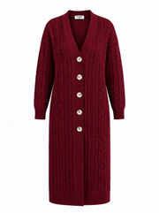 Produktfoto: Lange Damenstrickjacke mit Zopfmuster und Knöpfen, große Größen