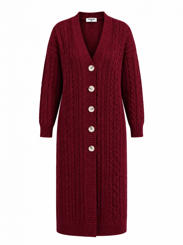 Lange Damenstrickjacke mit Zopfmuster und Knöpfen, große Größen