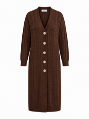 Produktfoto: Lange Damenstrickjacke mit Zopfmuster und Knöpfen, große Größen