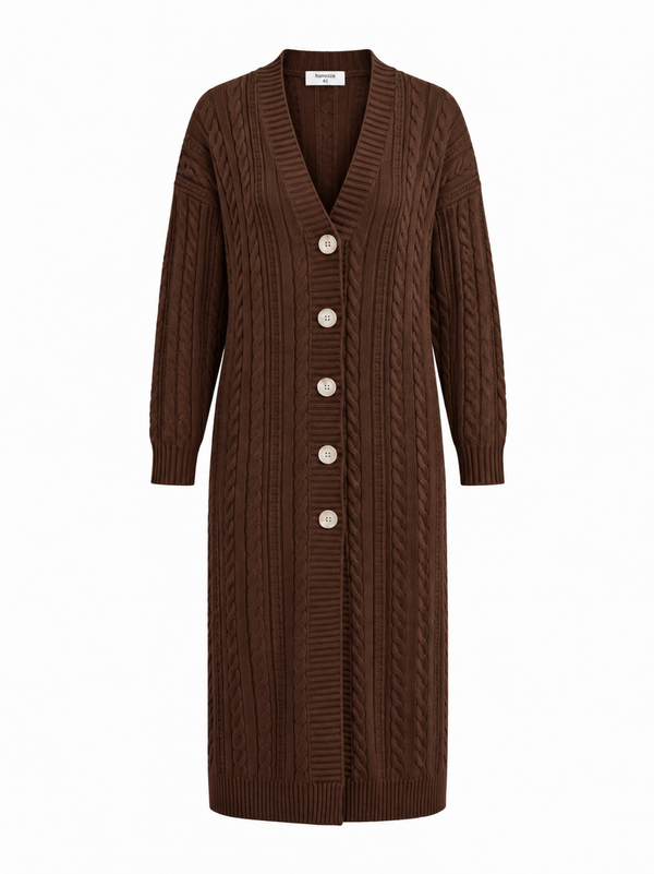 Lange Damenstrickjacke mit Zopfmuster und Knöpfen, große Größen