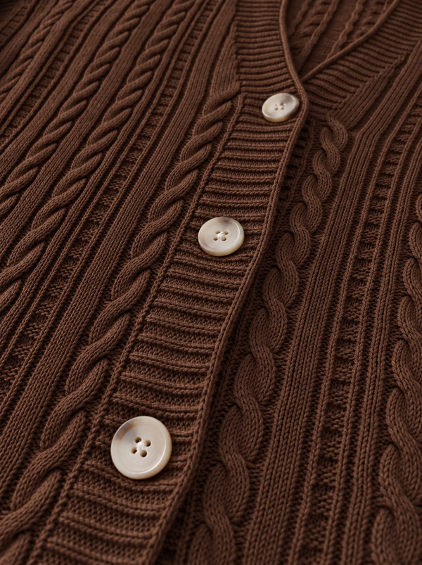 Lange Damenstrickjacke mit Zopfmuster und Knöpfen, große Größen