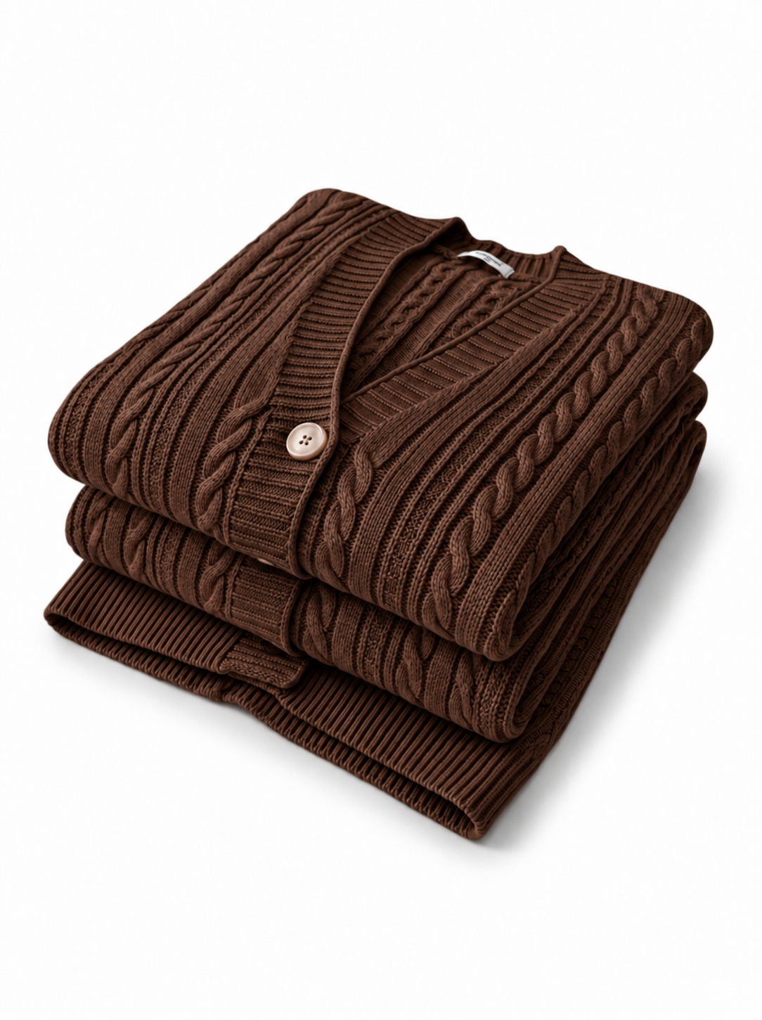 Produktfoto: Lange Damenstrickjacke mit Zopfmuster und Knöpfen, große Größen