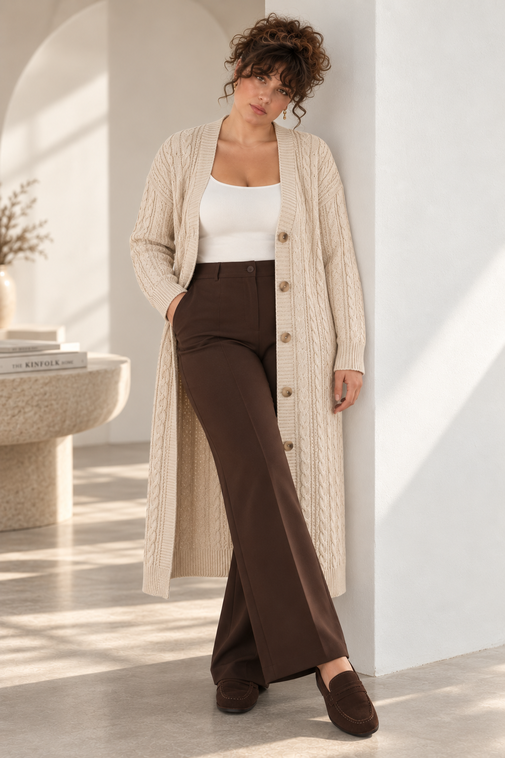Produktfoto: Lange Damenstrickjacke mit Zopfmuster und Knöpfen, große Größen