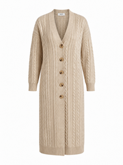 Produktfoto: Lange Damenstrickjacke mit Zopfmuster und Knöpfen, große Größen