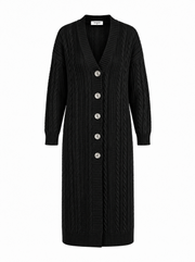 Produktfoto: Lange Damenstrickjacke mit Zopfmuster und Knöpfen, große Größen