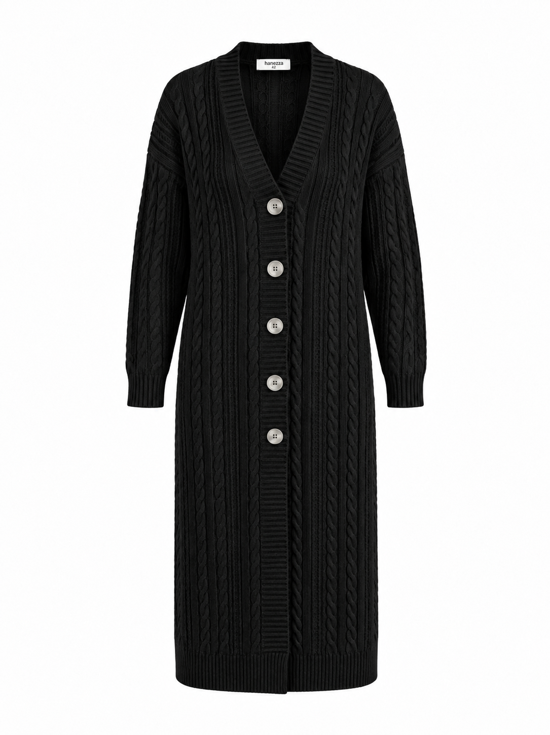 Lange Damenstrickjacke mit Zopfmuster und Knöpfen, große Größen