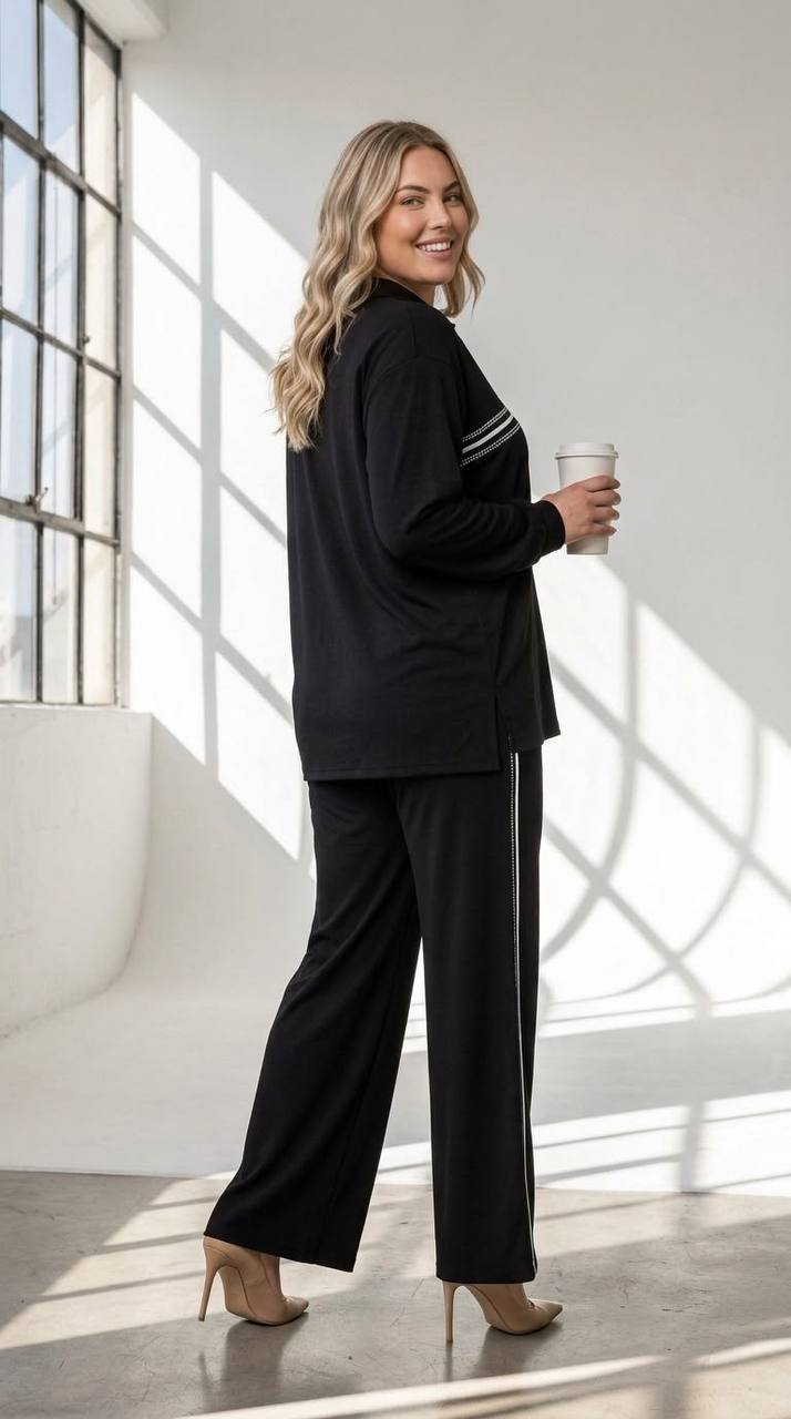 Women's Plus Size Black Polo-Collar Beaded Oysho-Style Tracksuit