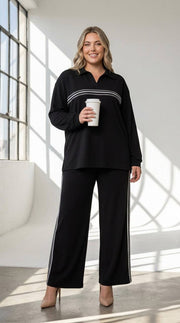 Product photo: Women's Plus Size Black Polo-Collar Beaded Oysho-Style Tracksuit