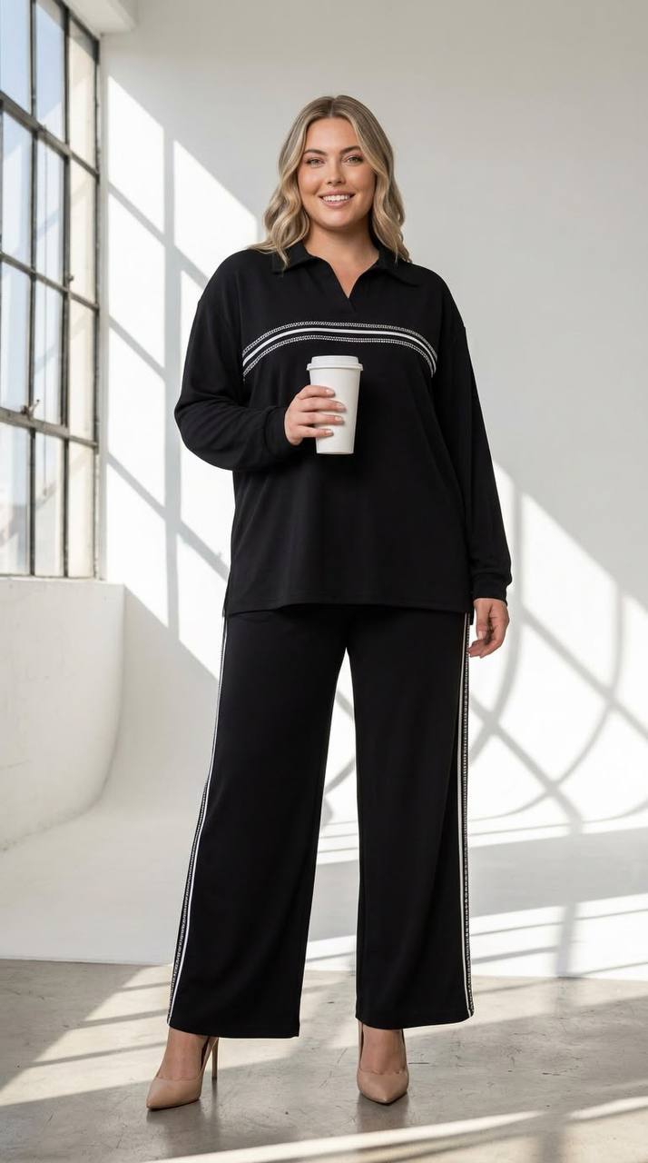 Women's Plus Size Black Polo-Collar Beaded Oysho-Style Tracksuit