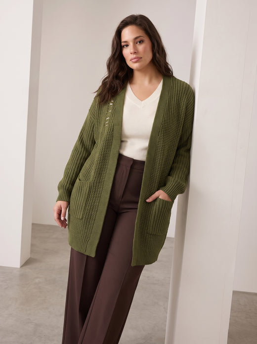 Hanezza Floral Print Distressed Knit Cardigan - Plus Size