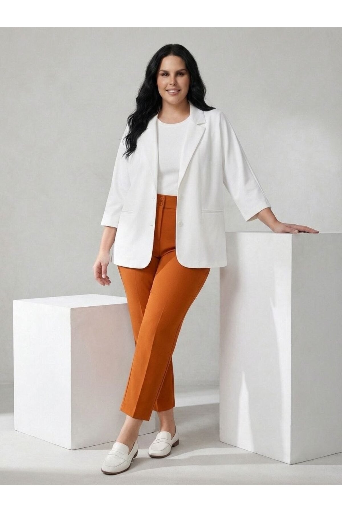 Women's Plus Size Crepe Fabric Blazer Jacket - Batwing Sleeve Double Button