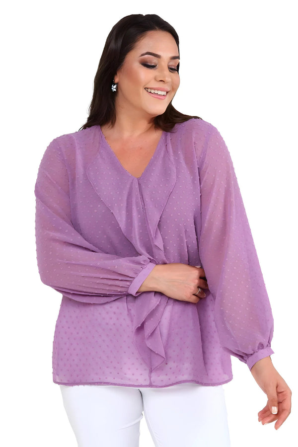 Blusa rosa de gasa con volantes y forro talla grande