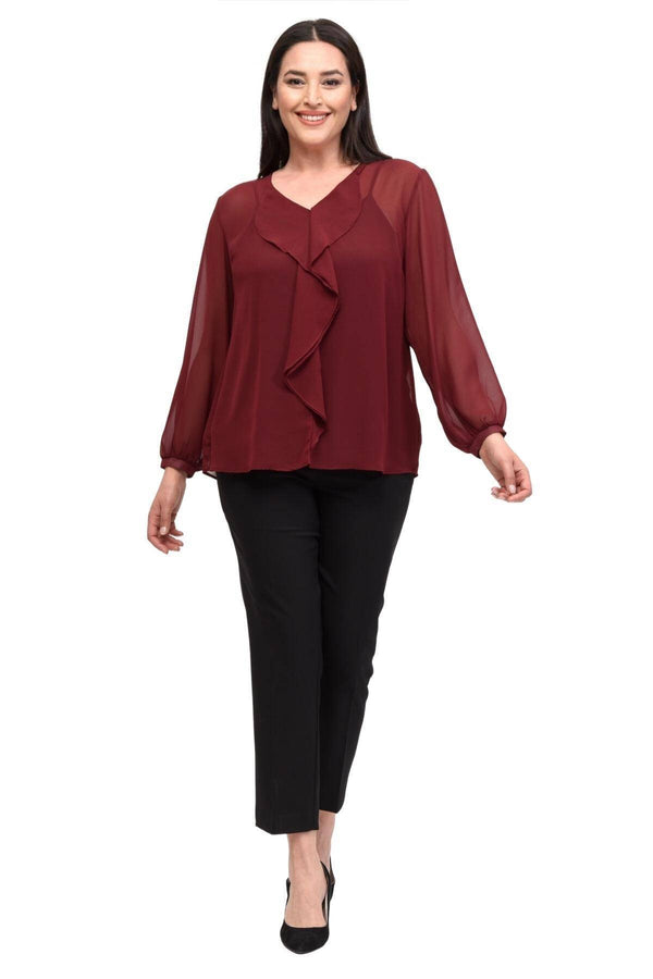 Blusa rosa de gasa con volantes y forro talla grande