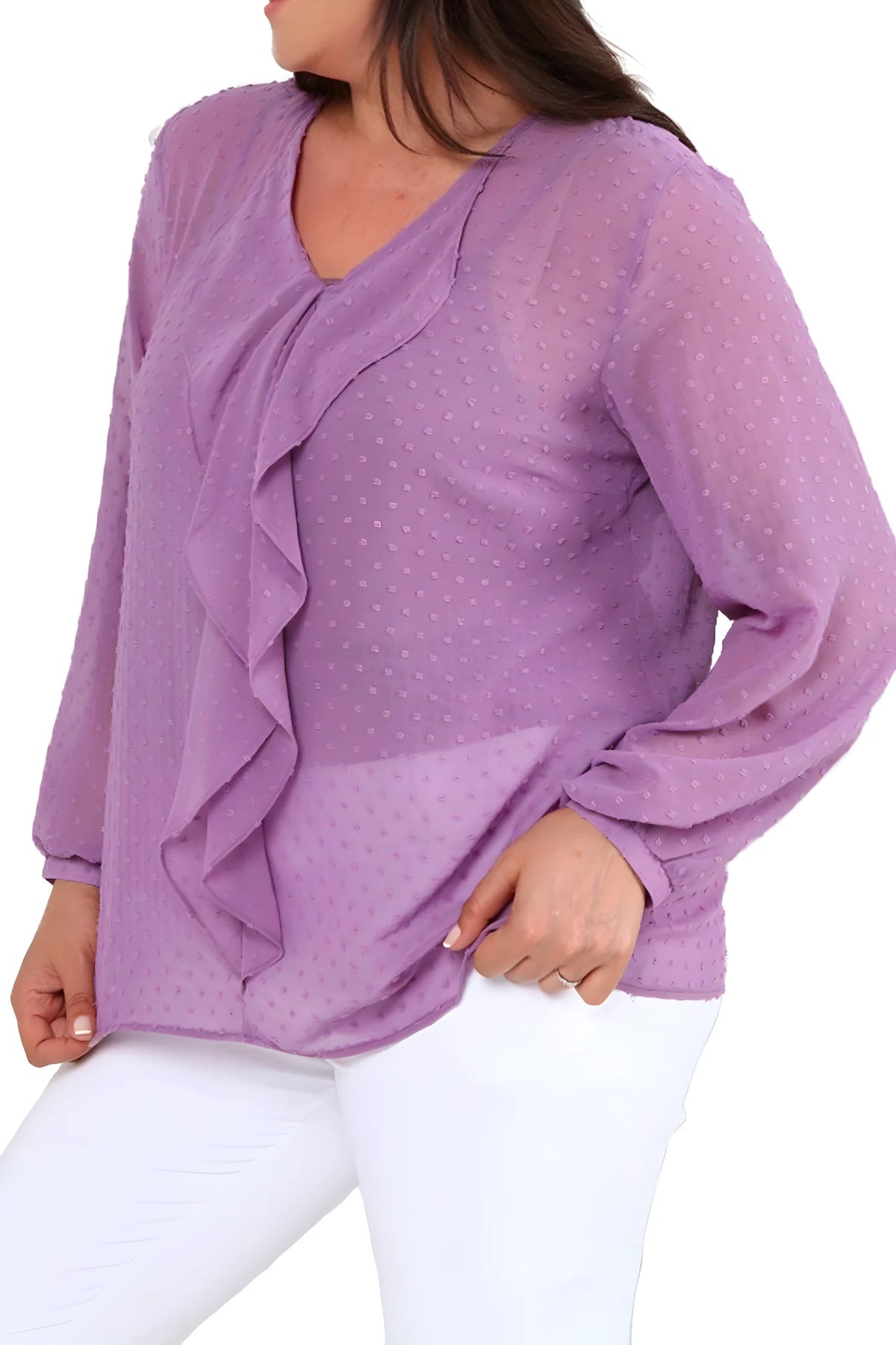 Blusa rosa de gasa con volantes y forro talla grande