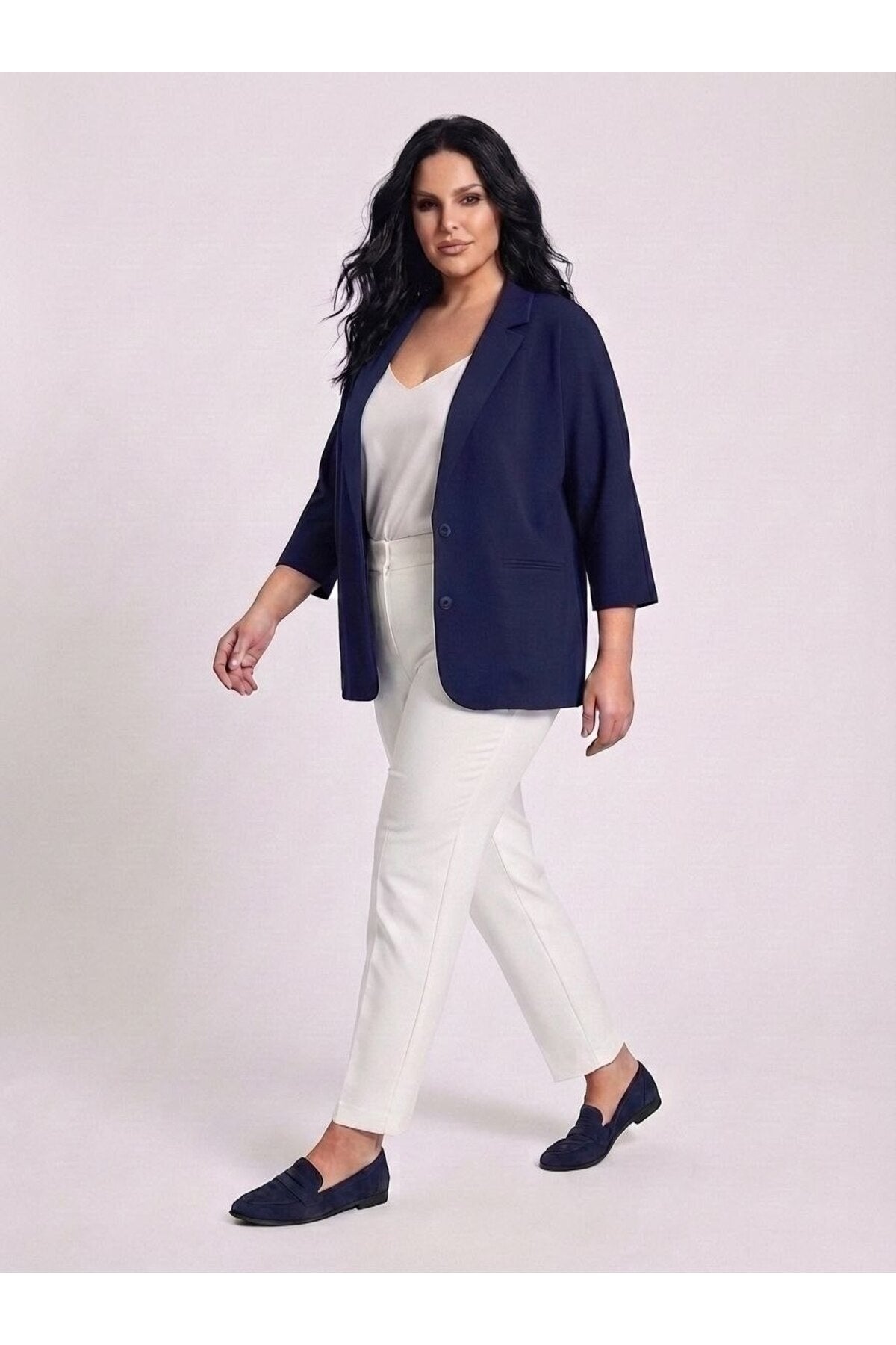 Women's Plus Size Crepe Fabric Blazer Jacket - Batwing Sleeve Double Button