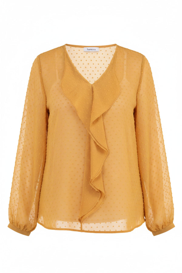 Blusa rosa de gasa con volantes y forro talla grande