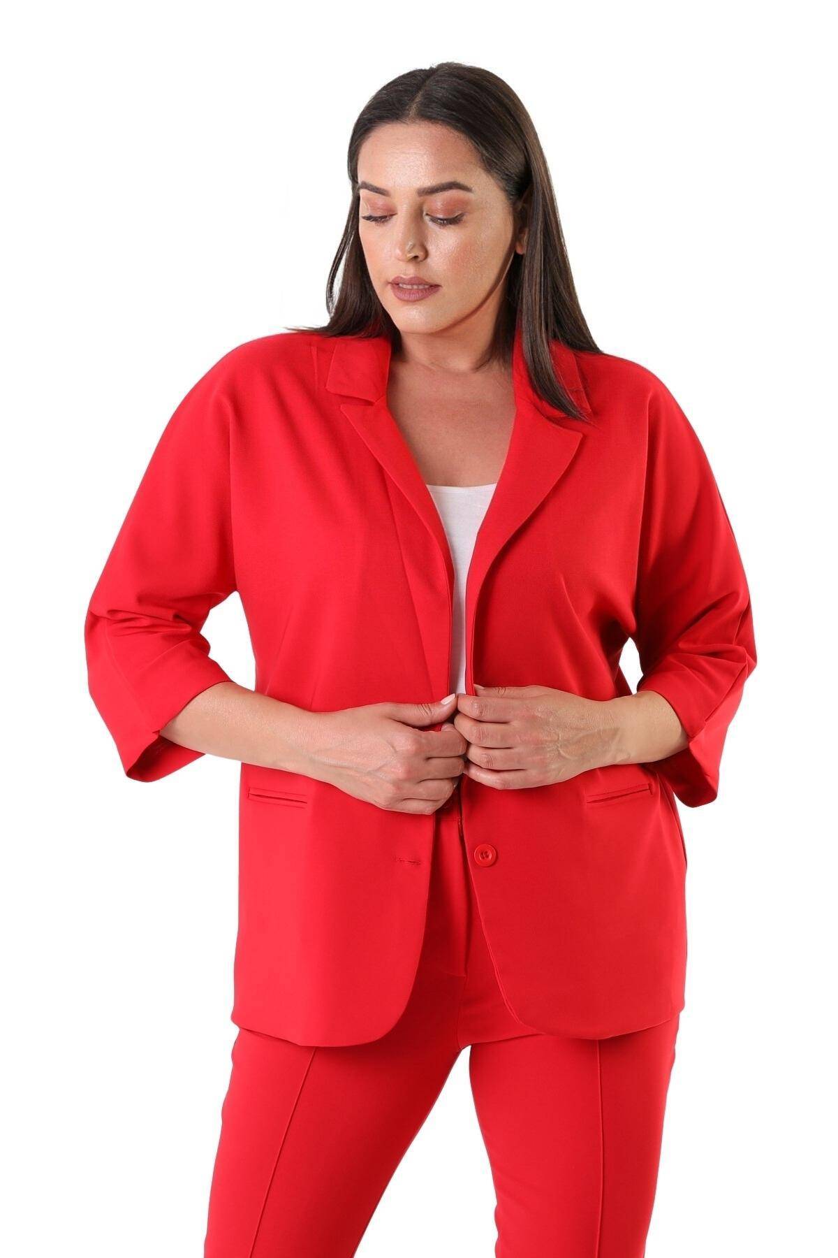 Women's Plus Size Crepe Fabric Blazer Jacket - Batwing Sleeve Double Button