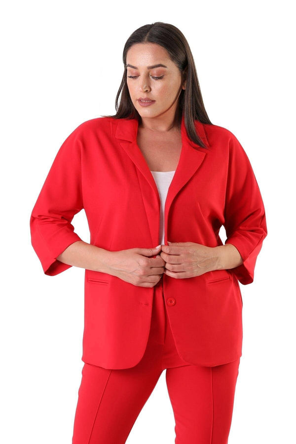 Women's Plus Size Crepe Fabric Blazer Jacket - Batwing Sleeve Double Button