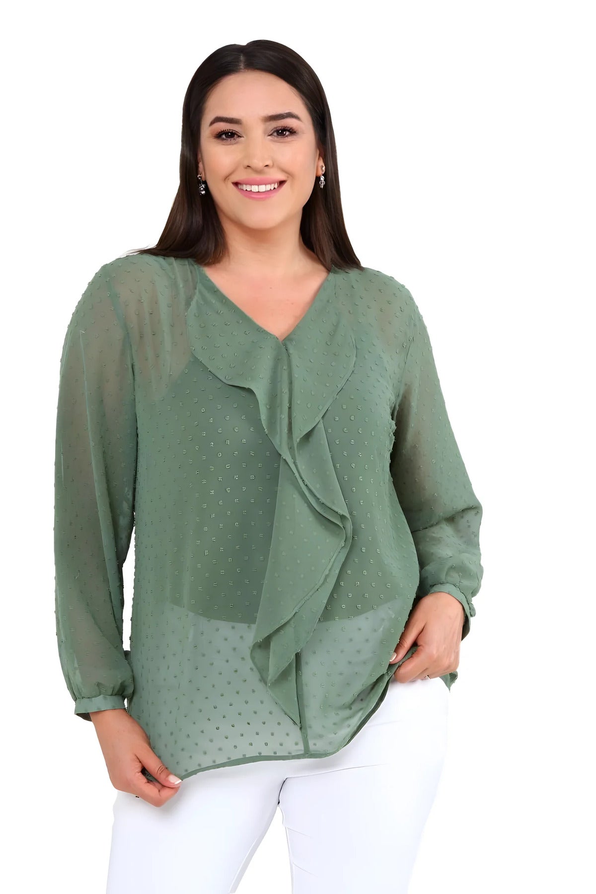 Blusa rosa de gasa con volantes y forro talla grande