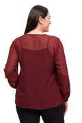 Blusa rosa de gasa con volantes y forro talla grande