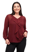 Blusa rosa de gasa con volantes y forro talla grande