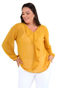 Blusa rosa de gasa con volantes y forro talla grande
