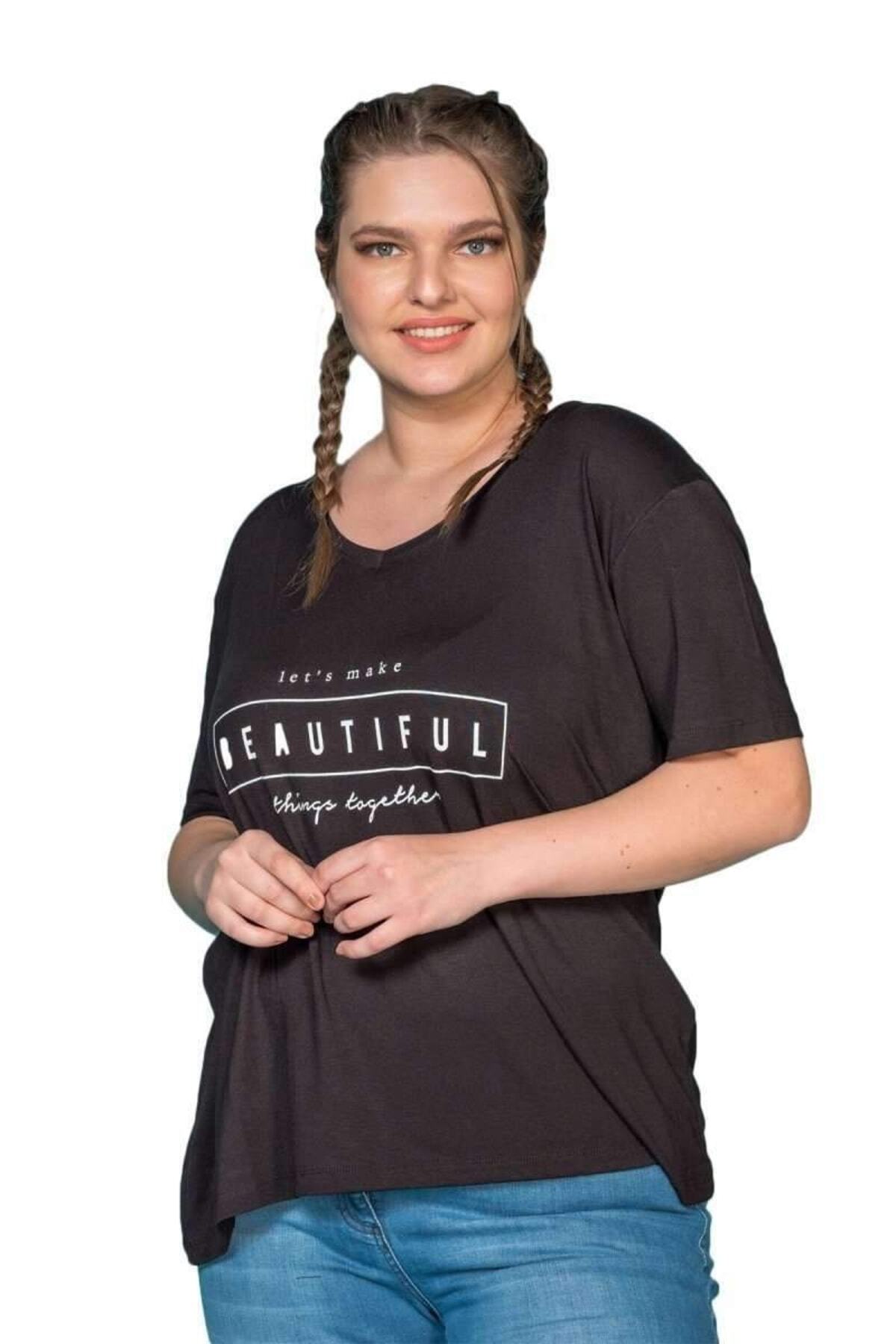 V Yaka Baskılı T-shirt - Siyah