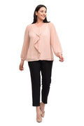 Blusa rosa de gasa con volantes y forro talla grande