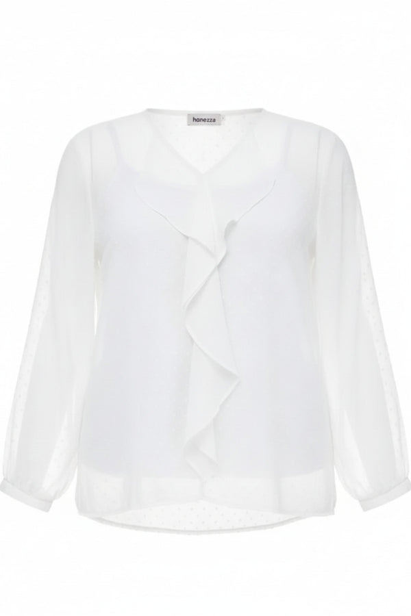 Blusa rosa de gasa con volantes y forro talla grande