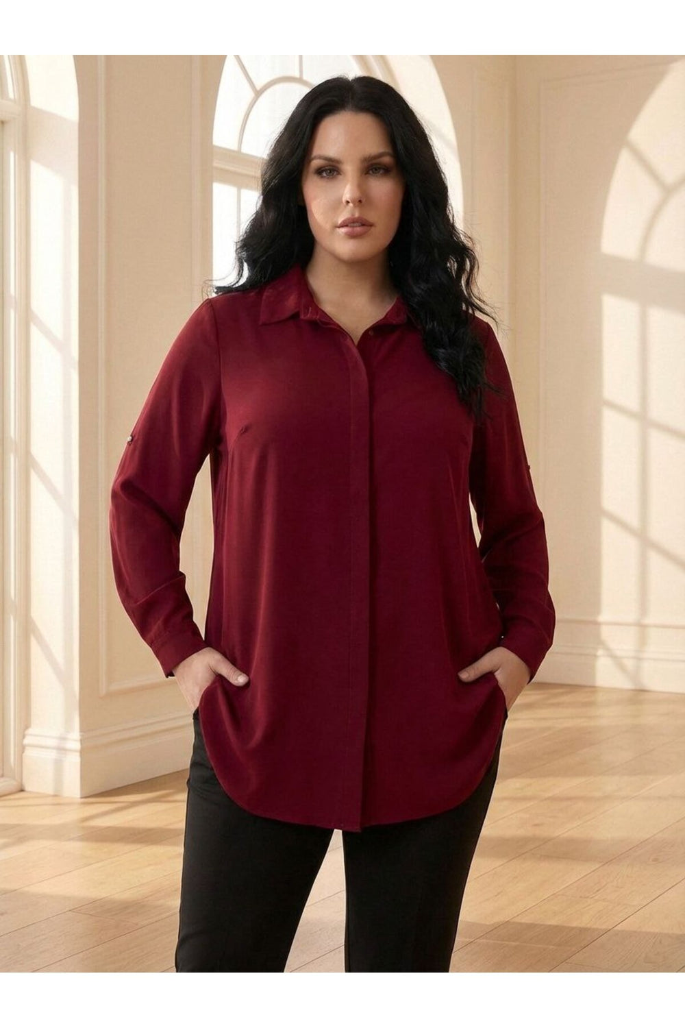 Plus Size Women's Terracotta Hidden Placket Wrinkle-Free Woven Shirt - Image 11