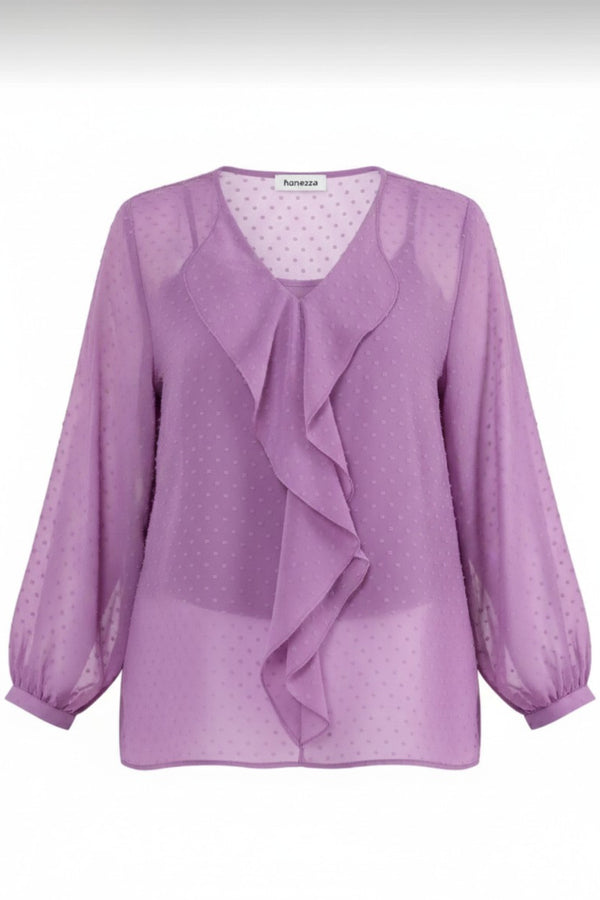Blusa rosa de gasa con volantes y forro talla grande