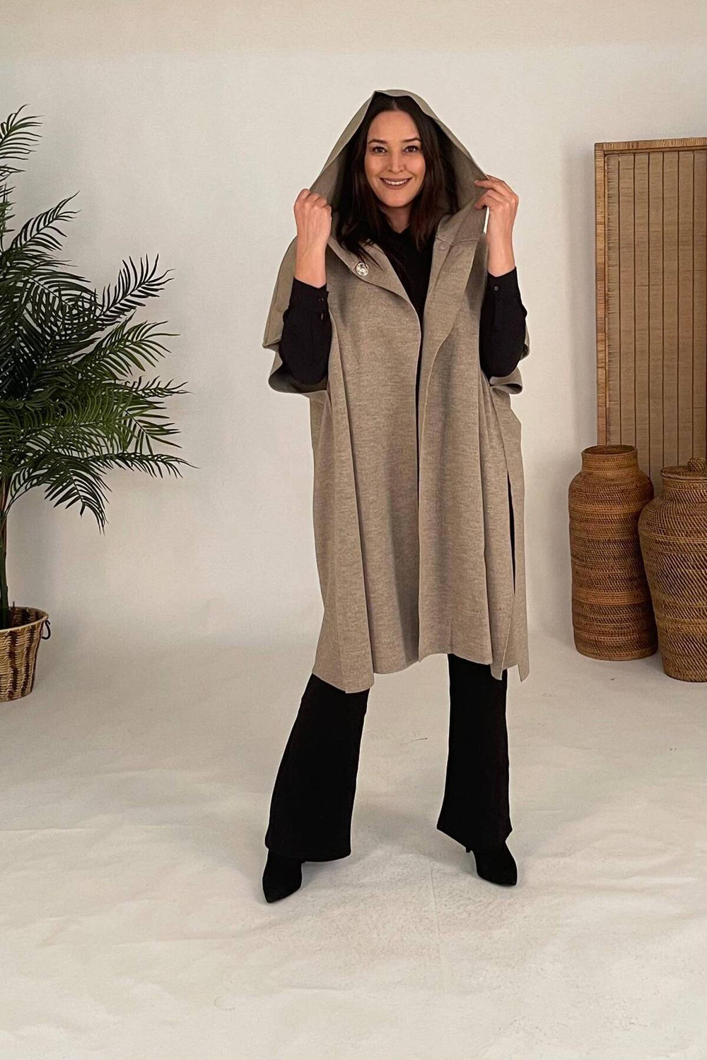 Plus Size Hooded Acrylic Knit Poncho - Oversized Outerwear - Image 7