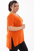 Damen-T-Shirt aus Baumwolle und Viskose mit V-Ausschnitt und Seitenschlitzen, große Größen