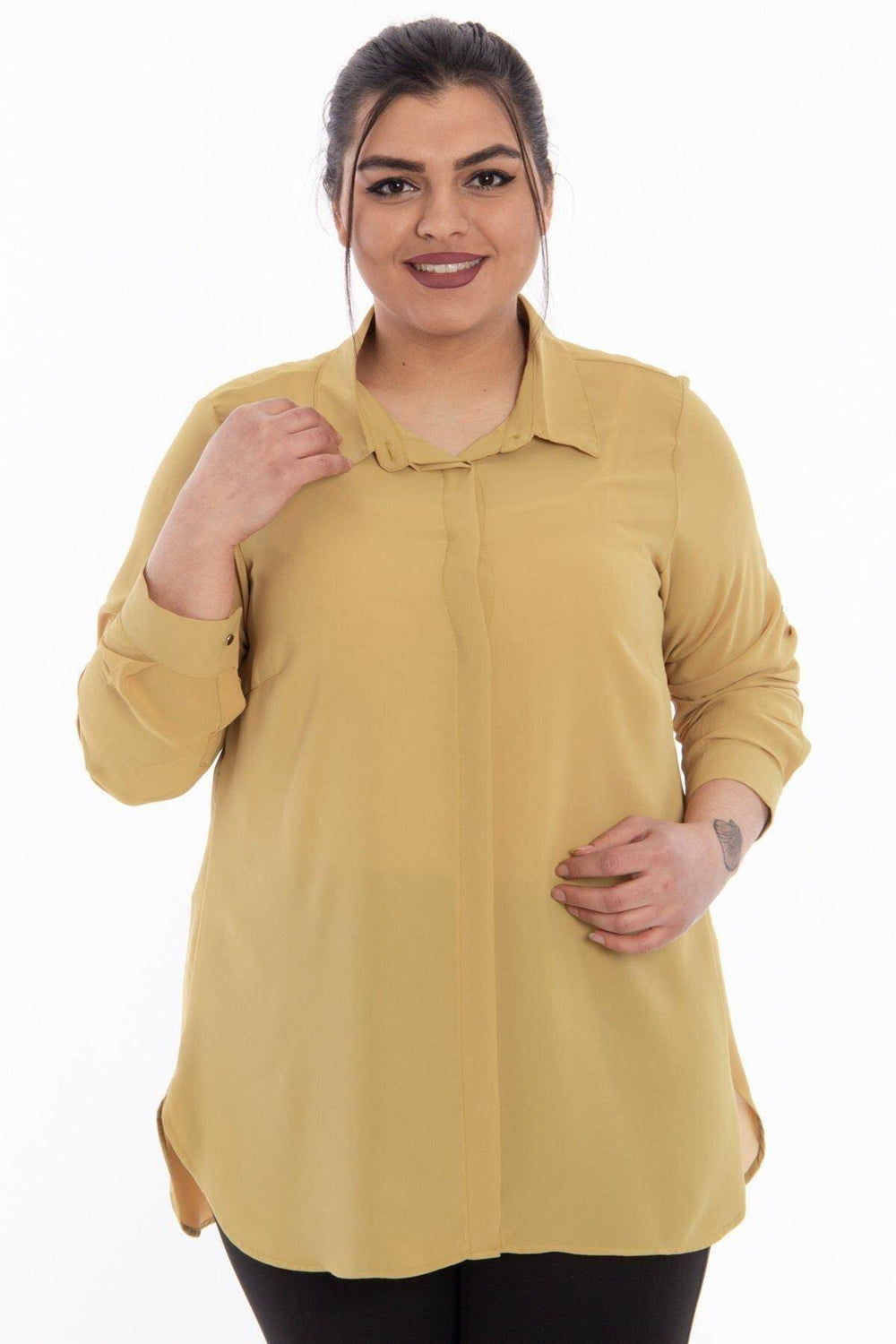 Plus Size Women's Terracotta Hidden Placket Wrinkle-Free Woven Shirt - Image 38