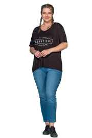 V Yaka Baskılı T-shirt - Siyah