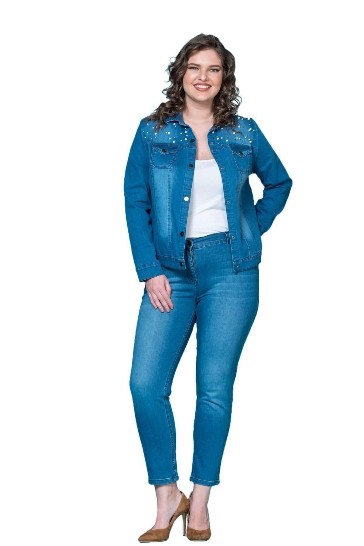 Büyük Beden Kadın İnci Detaylı Likralı Jean Ceket - Koyu Mavi - Blue