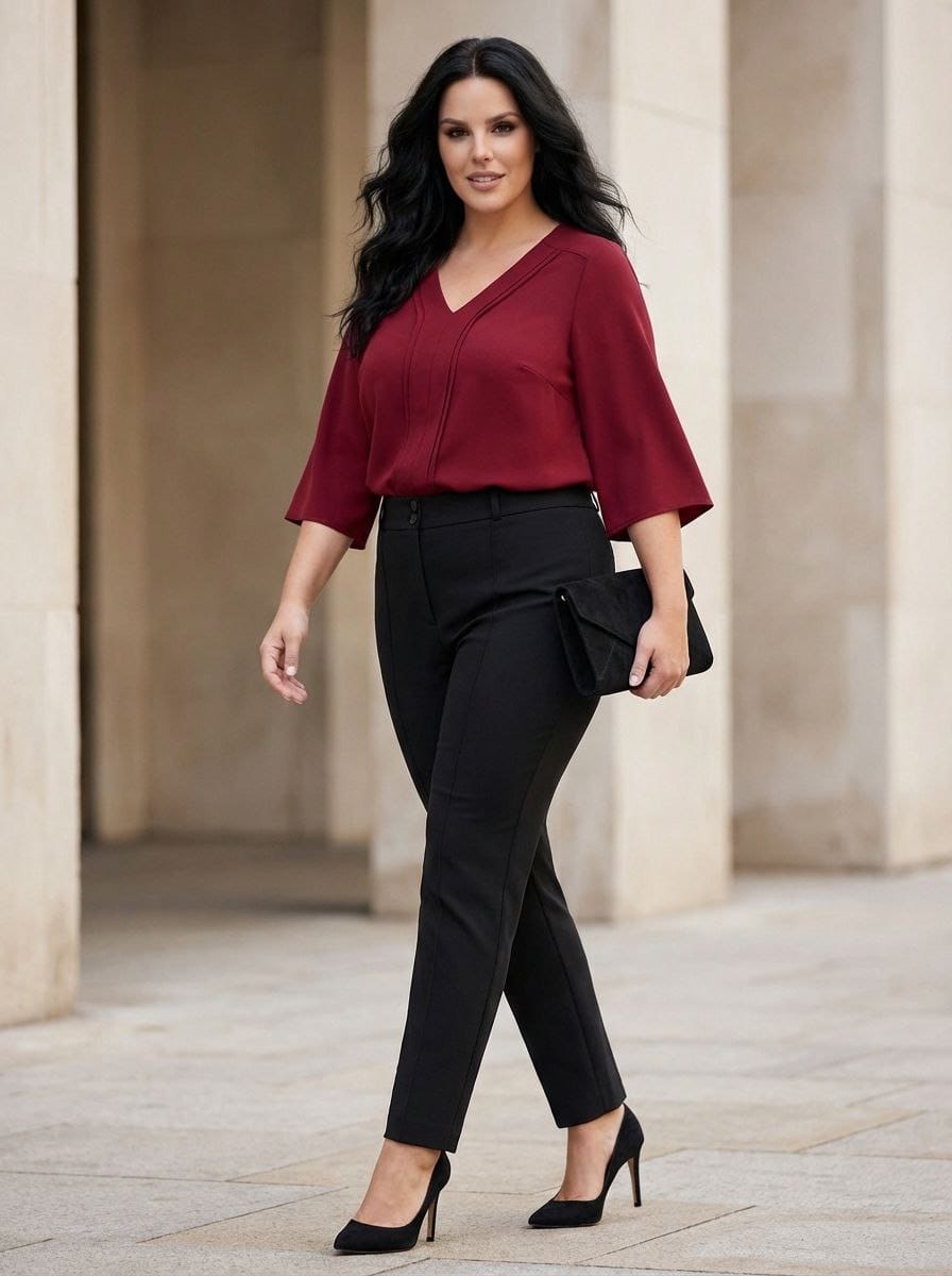 Plus Size Elegant V-Neck Pintuck Detail Jessica Crepe Blouse - Image 1