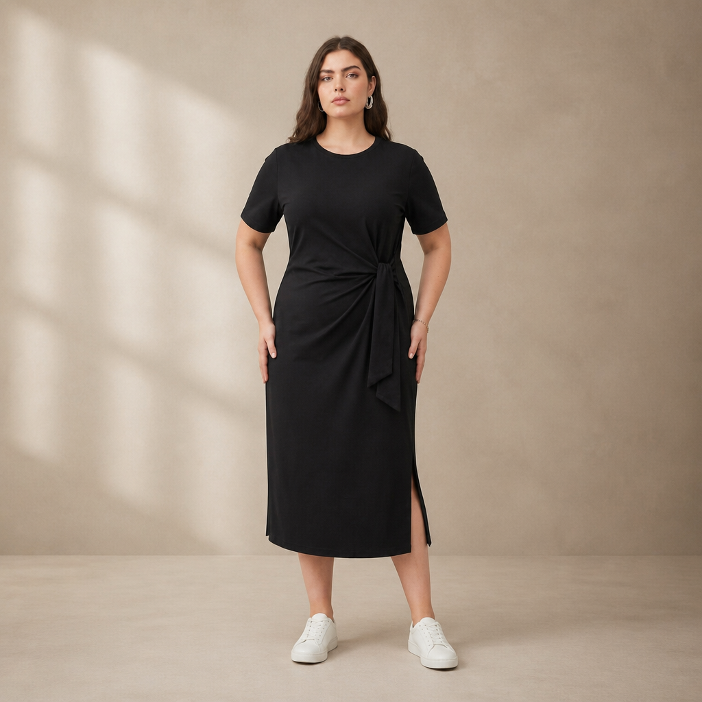 Schwarzes figurformendes Viskosekleid mit Seitenschlitzen in großen Größen