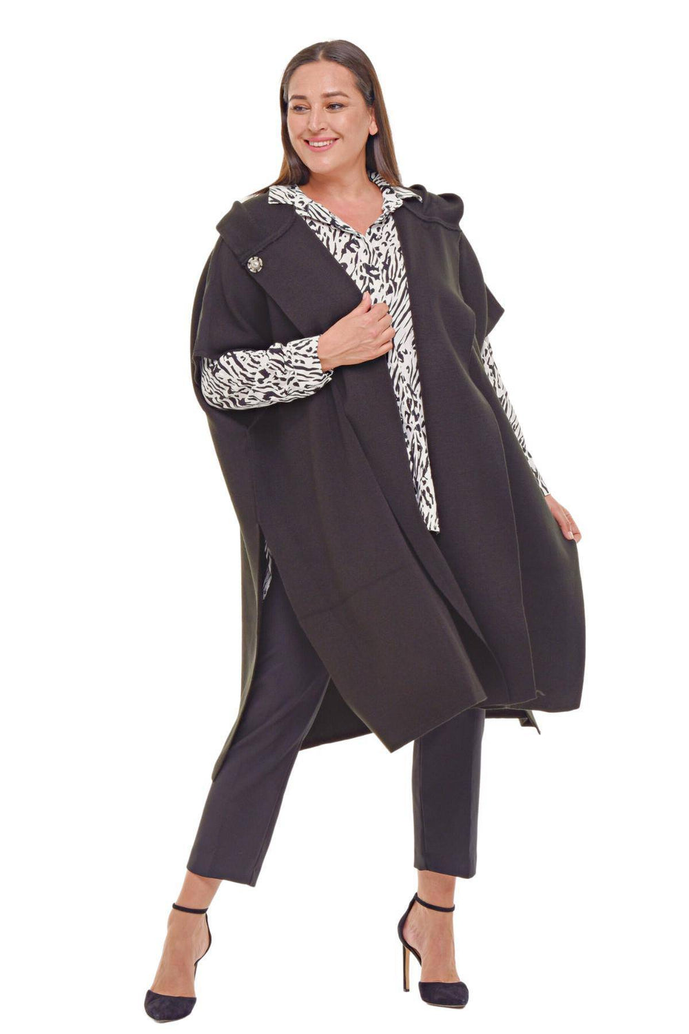 Plus Size Hooded Acrylic Knit Poncho - Oversized Outerwear - Image 1