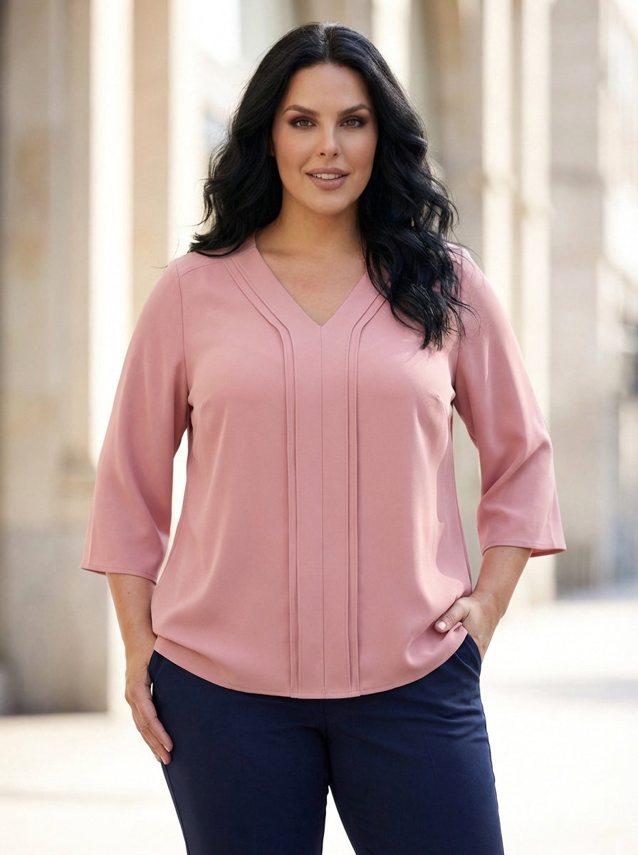 Büyük Beden Şık V Yaka Nervur Detaylı Jessica Krep Bluz - Image 26