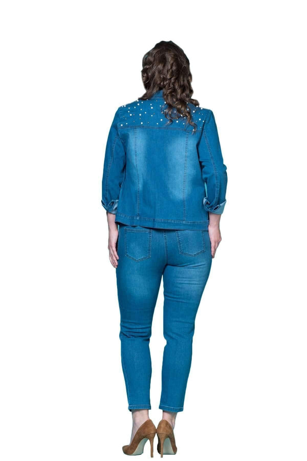 Женская темно-синяя джинсовая куртка с отделкой из жемчуга Hanezza P5217