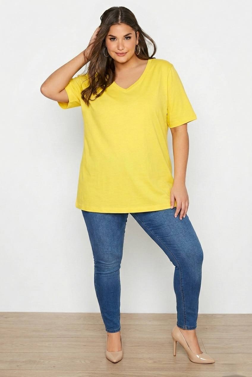 Büyük Beden Kadın Lila V Yaka Pamuklu Viskon T-Shirt - Image 15