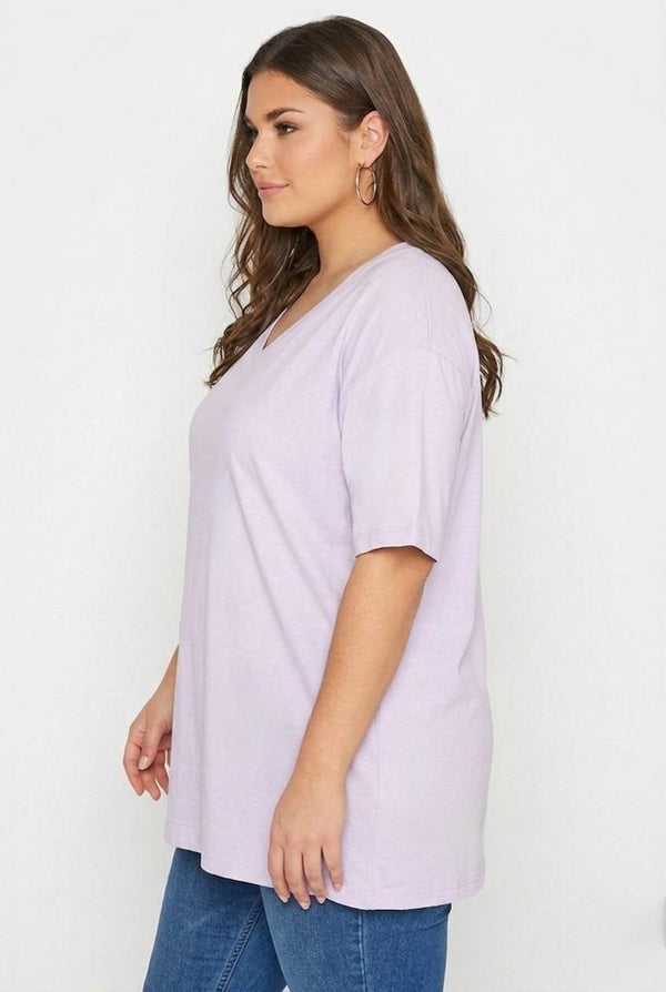 Büyük Beden Kadın Lila V Yaka Pamuklu Viskon T-Shirt