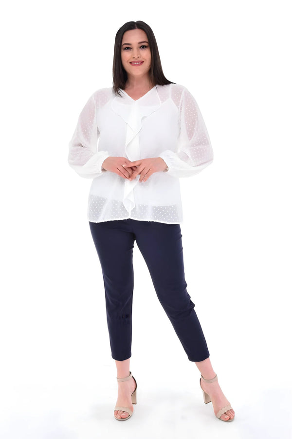 Büyük Beden Kadın  Şifon Fırfırlı Bluz - Astarlı