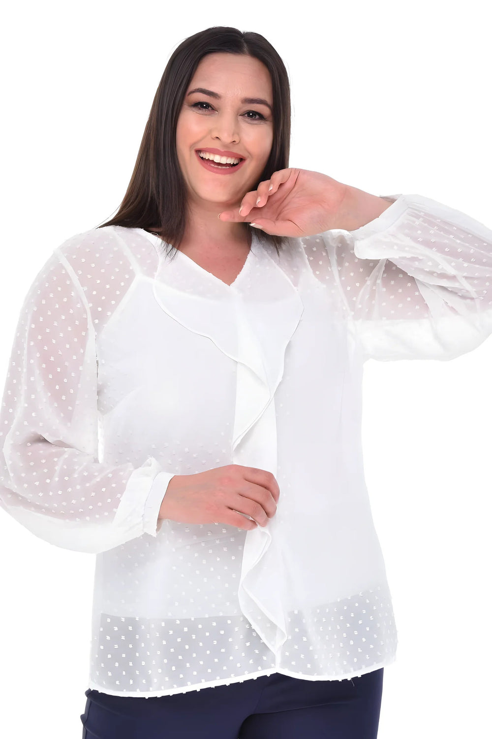 Büyük Beden Kadın  Şifon Fırfırlı Bluz - Astarlı - Image 56